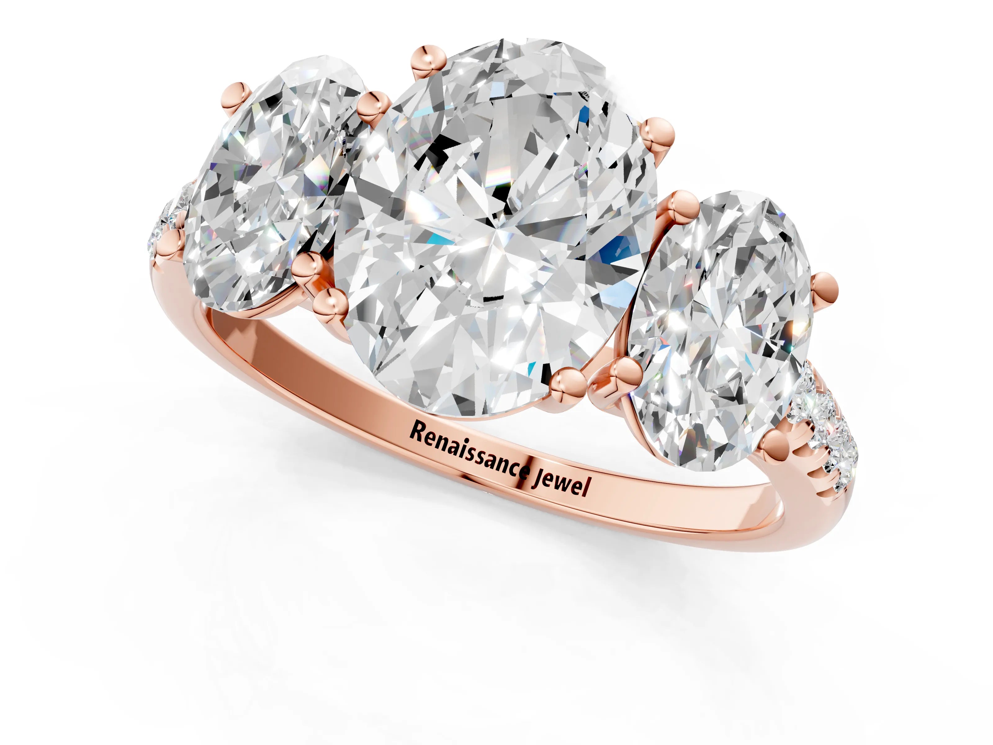 Rose gold Three-Stone Oval Cut Diamond Ring with Round with Moissanite side stone Pavé Band and Prong Setting_1