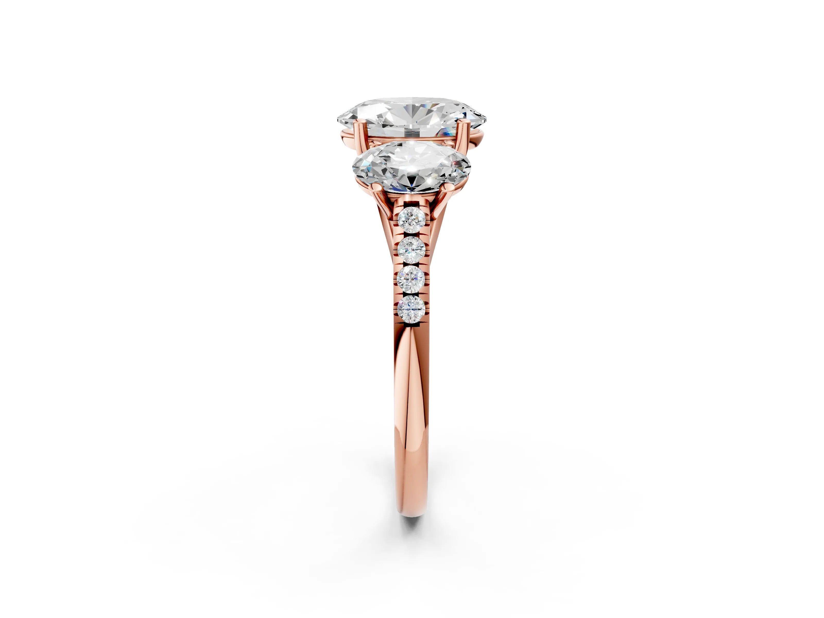 Rose gold Three-Stone Oval Cut Diamond Ring with Round with Moissanite side stone Pavé Band and Prong Setting_2