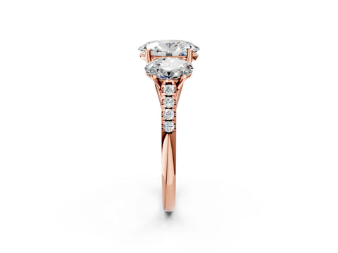 Rose gold Three-Stone Oval Cut Diamond Ring with Round with Moissanite side stone Pavé Band and Prong Setting_2