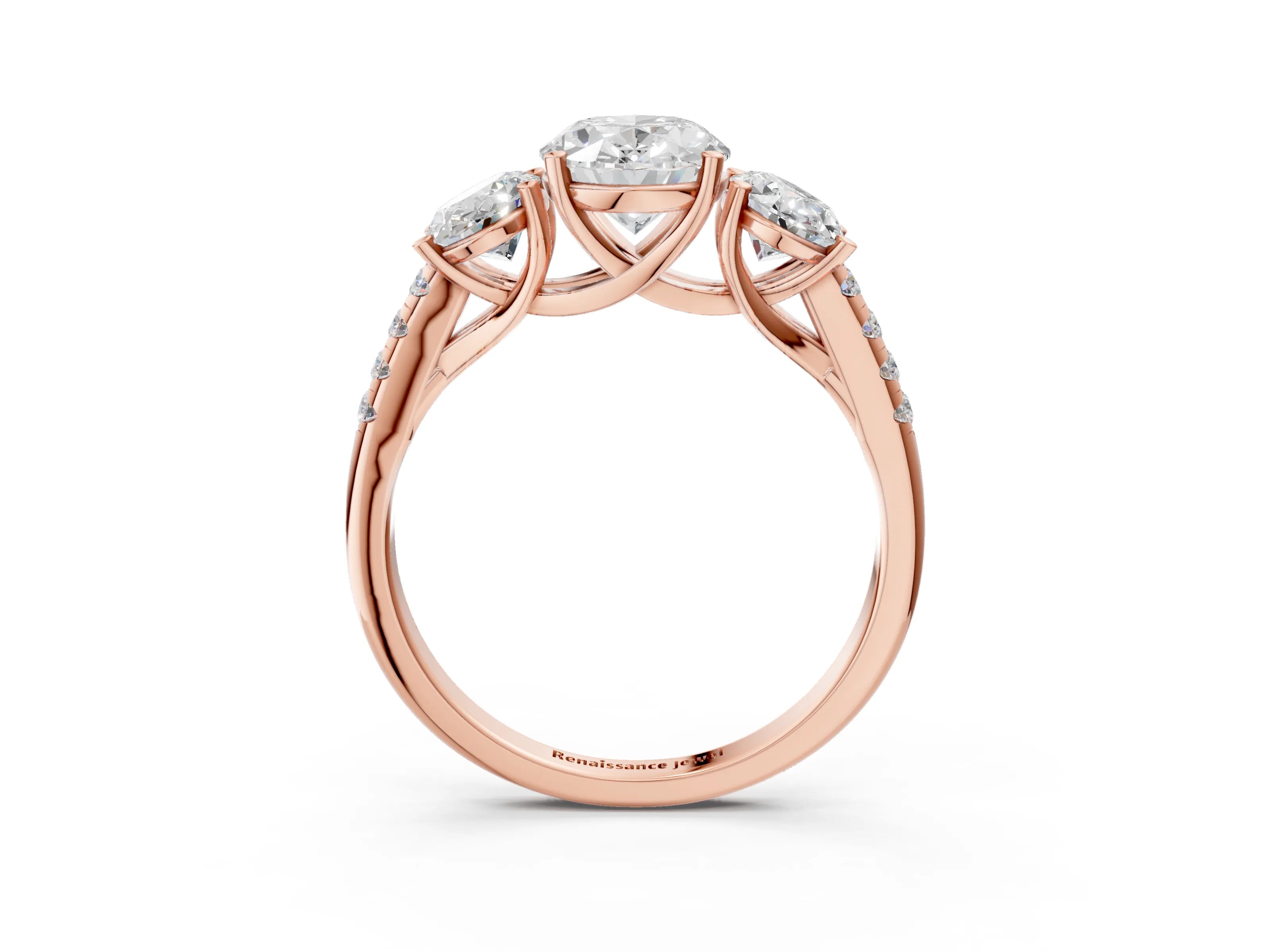 Rose gold Three-Stone Oval Cut Diamond Ring with Round with Moissanite side stone Pavé Band and Prong Setting_3