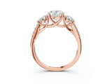 Rose gold Three-Stone Oval Cut Diamond Ring with Round with Moissanite side stone Pavé Band and Prong Setting_3