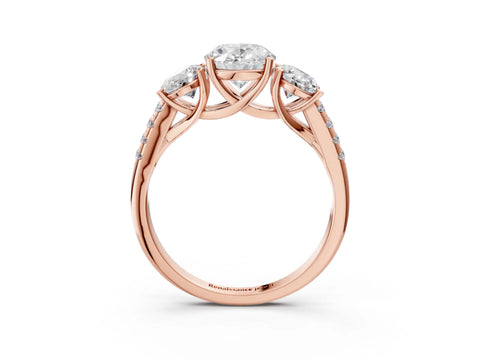 Rose gold Three-Stone Oval Cut Diamond Ring with Round with Moissanite side stone Pavé Band and Prong Setting_3