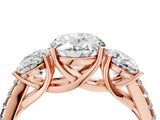 Rose gold Three-Stone Oval Cut Diamond Ring with Round with Moissanite side stone Pavé Band and Prong Setting_4