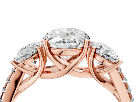 Rose gold Three-Stone Oval Cut Diamond Ring with Round with Moissanite side stone Pavé Band and Prong Setting_4