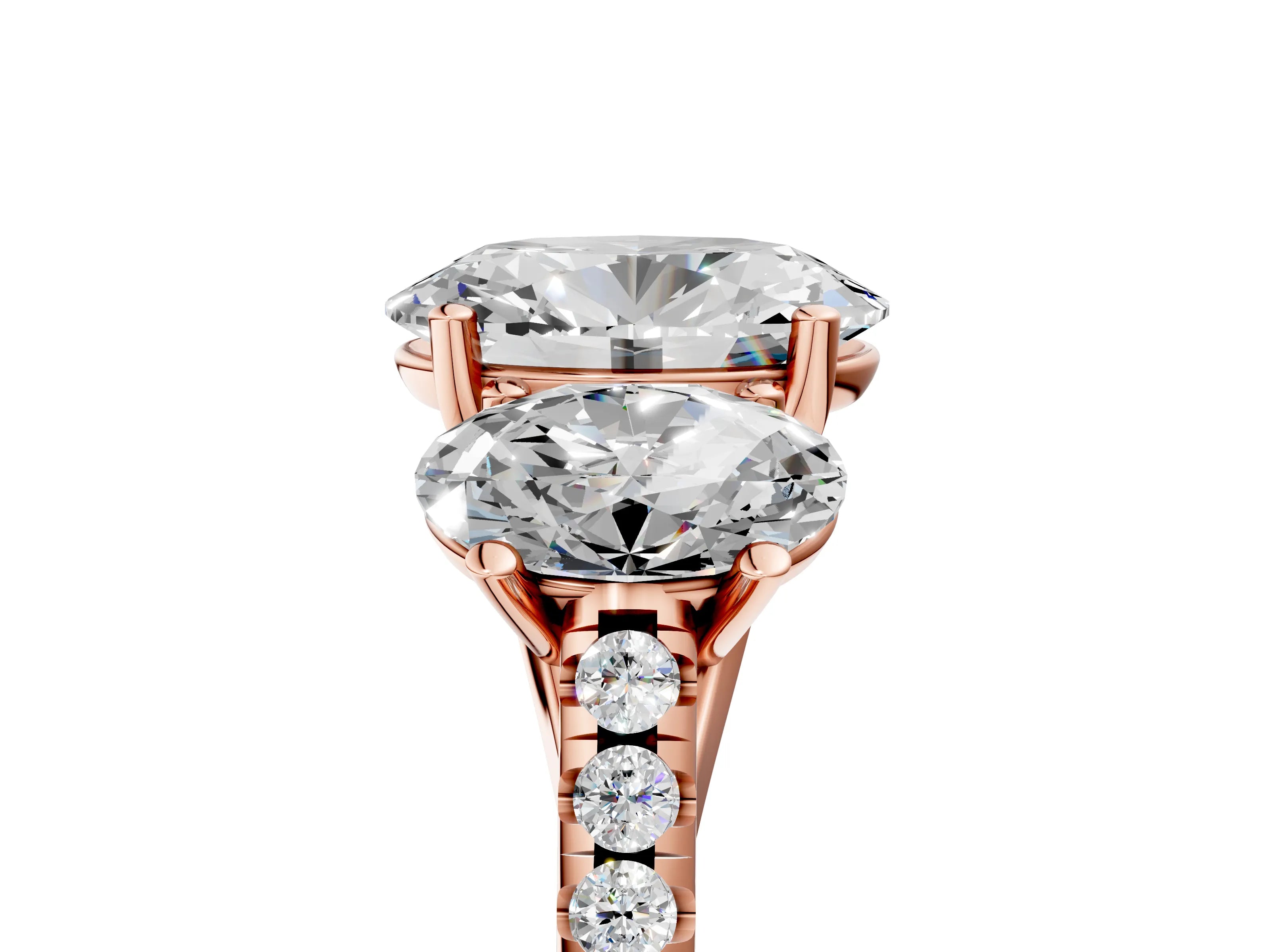 Rose gold Three-Stone Oval Cut Diamond Ring with Round with Moissanite side stone Pavé Band and Prong Setting_5