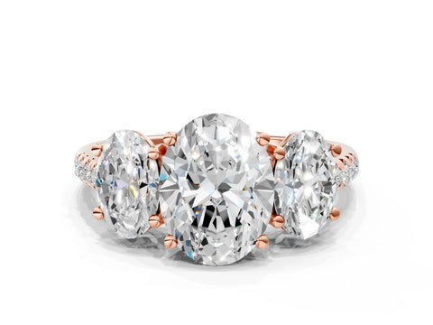 Rose gold Three-Stone Oval Cut Diamond Ring with Round with Moissanite side stone Pavé Band and Prong Setting