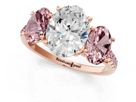 Rose gold Three-Stone Oval Cut Diamond Ring with Round with Morganite side stone Pavé Band and Prong Setting_1