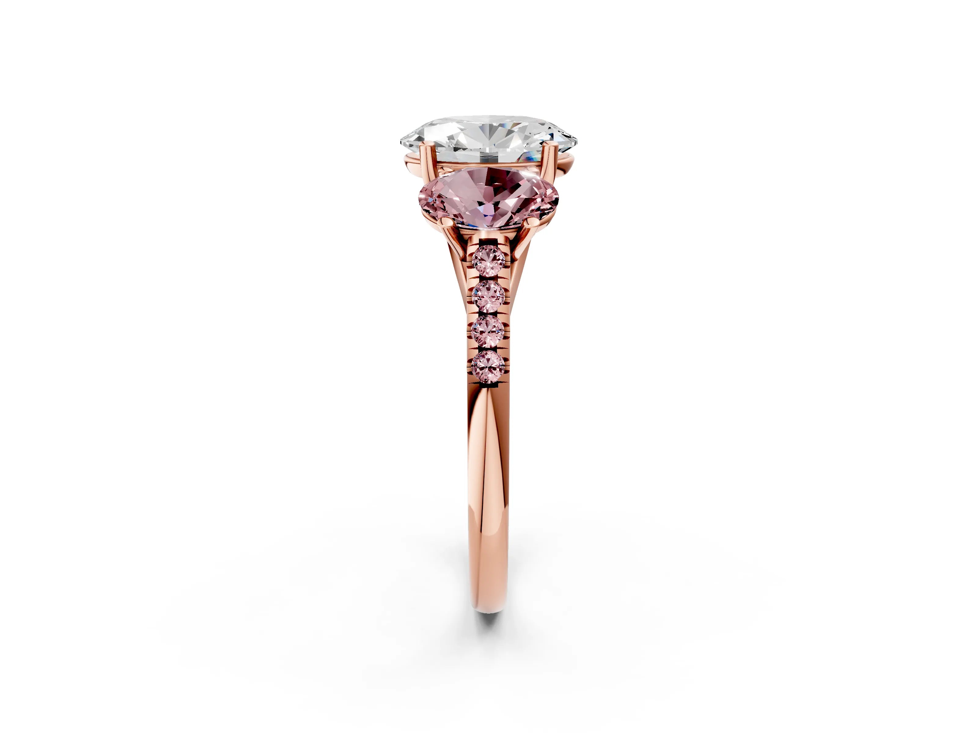 Rose gold Three-Stone Oval Cut Diamond Ring with Round with Morganite side stone Pavé Band and Prong Setting_2