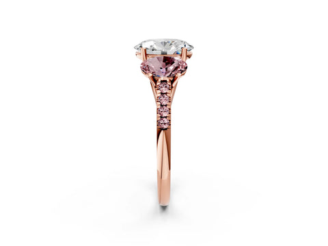 Rose gold Three-Stone Oval Cut Diamond Ring with Round with Morganite side stone Pavé Band and Prong Setting_2
