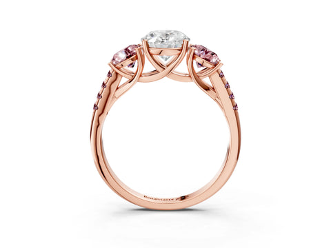Rose gold Three-Stone Oval Cut Diamond Ring with Round with Morganite side stone Pavé Band and Prong Setting_3