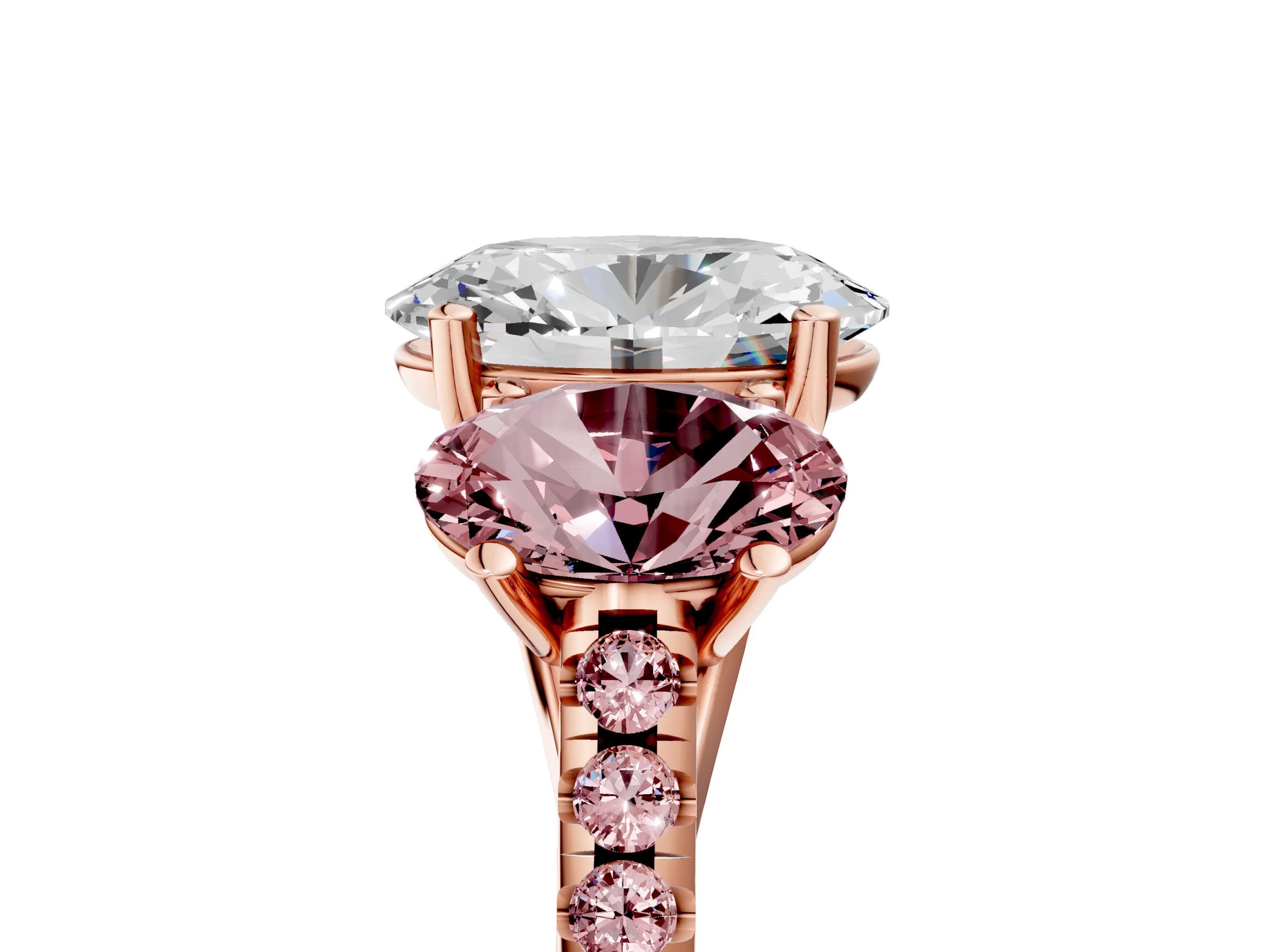 Rose gold Three-Stone Oval Cut Diamond Ring with Round with Morganite side stone Pavé Band and Prong Setting_5