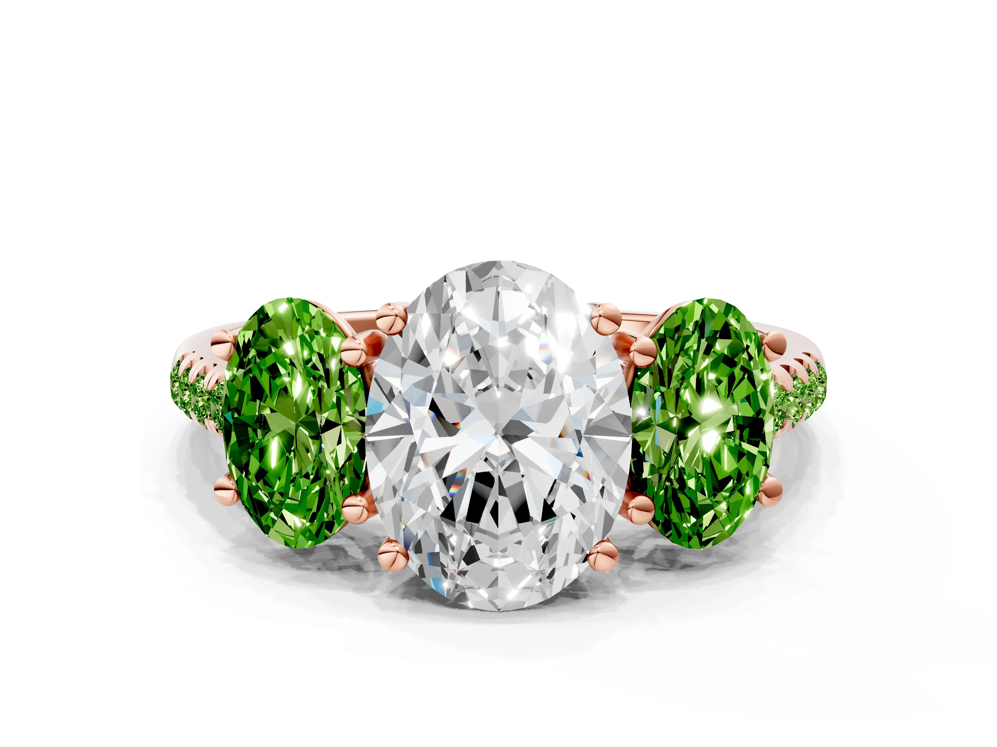 Rose gold Three-Stone Oval Cut Diamond Ring with Round with Peridot side stone Pavé Band and Prong Setting