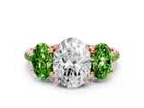 Rose gold Three-Stone Oval Cut Diamond Ring with Round with Peridot side stone Pavé Band and Prong Setting