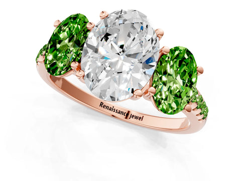 Rose gold Three-Stone Oval Cut Diamond Ring with Round with Peridot side stone Pavé Band and Prong Setting_1
