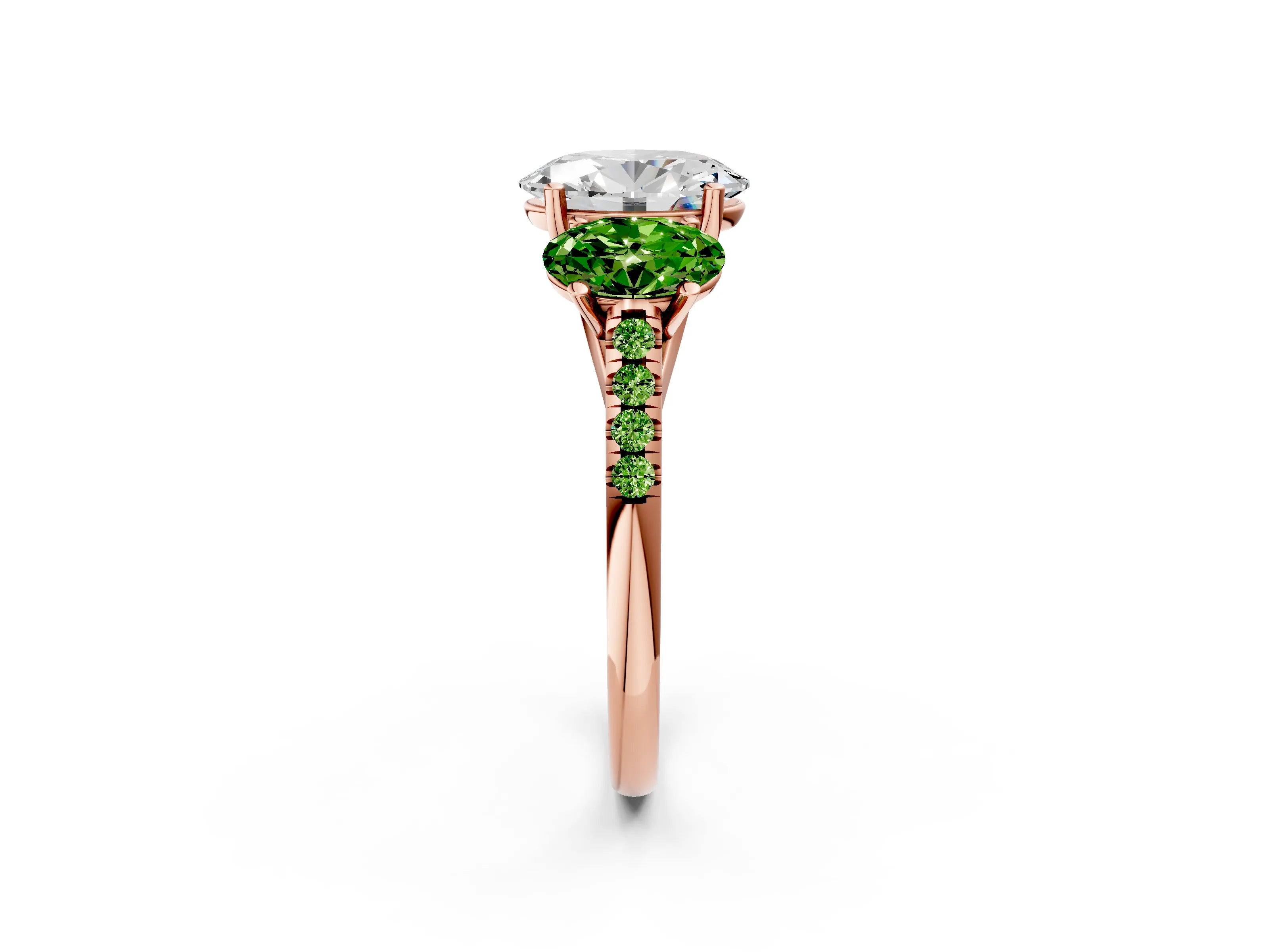Rose gold Three-Stone Oval Cut Diamond Ring with Round with Peridot side stone Pavé Band and Prong Setting_2