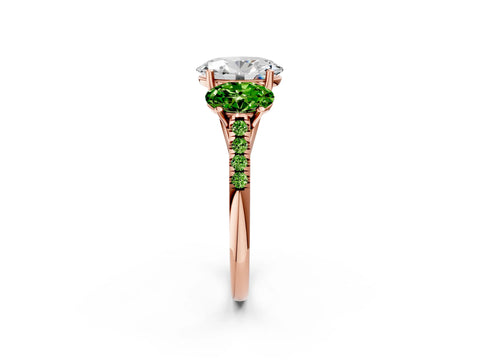 Rose gold Three-Stone Oval Cut Diamond Ring with Round with Peridot side stone Pavé Band and Prong Setting_2