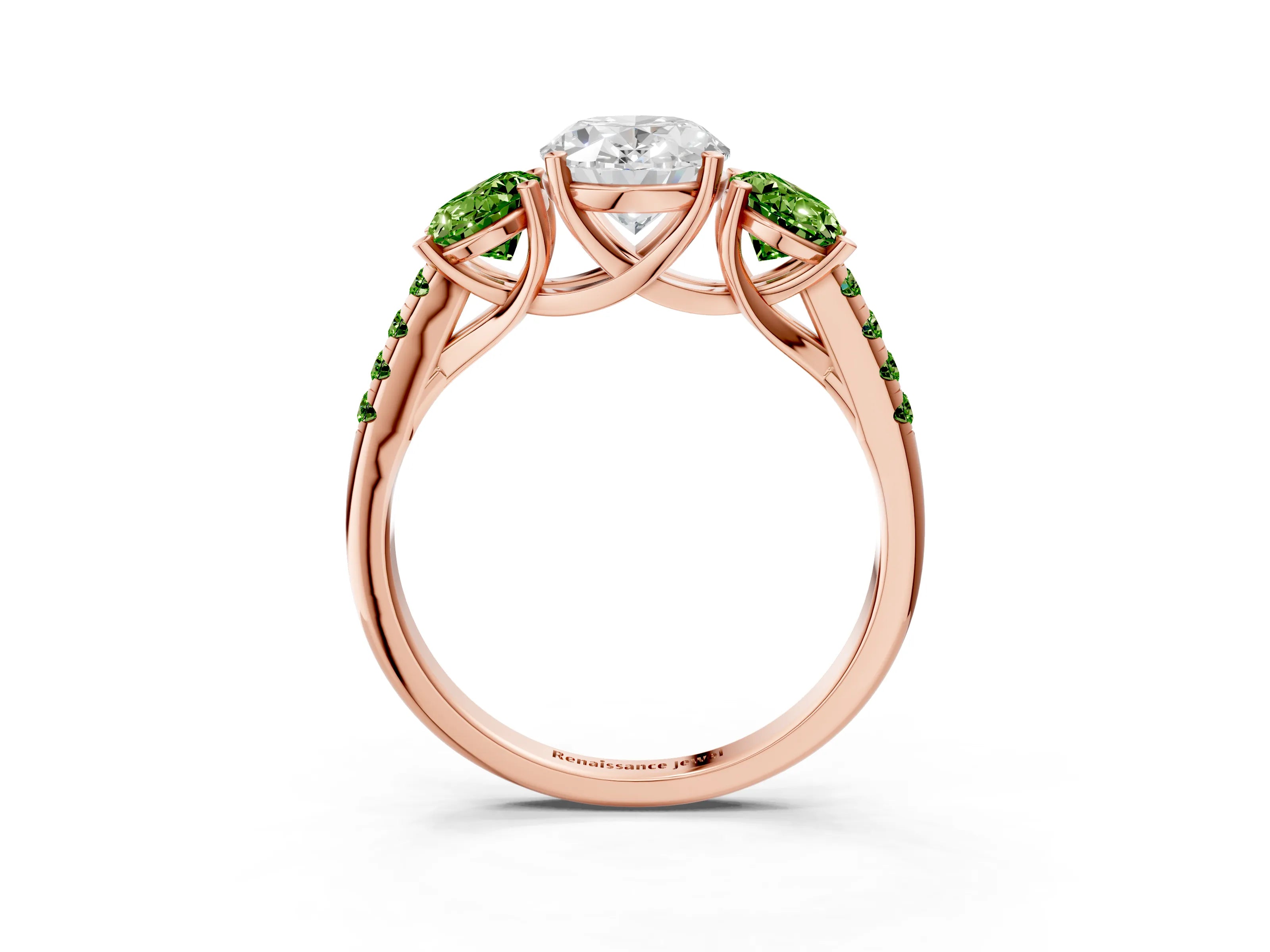 Rose gold Three-Stone Oval Cut Diamond Ring with Round with Peridot side stone Pavé Band and Prong Setting_3