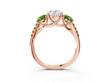 Rose gold Three-Stone Oval Cut Diamond Ring with Round with Peridot side stone Pavé Band and Prong Setting_3