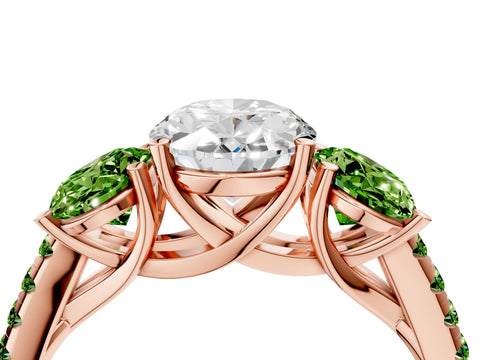 Rose gold Three-Stone Oval Cut Diamond Ring with Round with Peridot side stone Pavé Band and Prong Setting_4