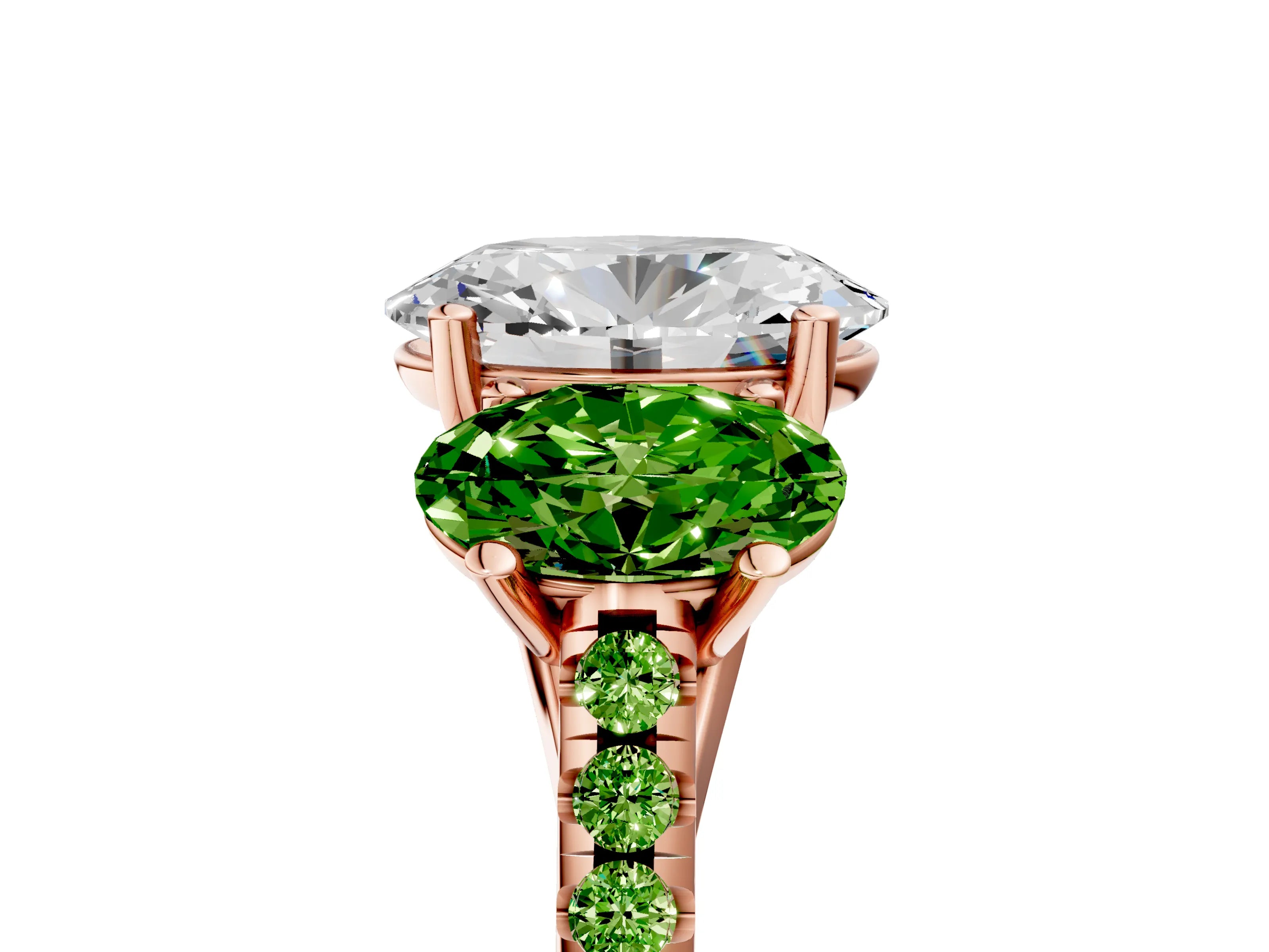 Rose gold Three-Stone Oval Cut Diamond Ring with Round with Peridot side stone Pavé Band and Prong Setting_5