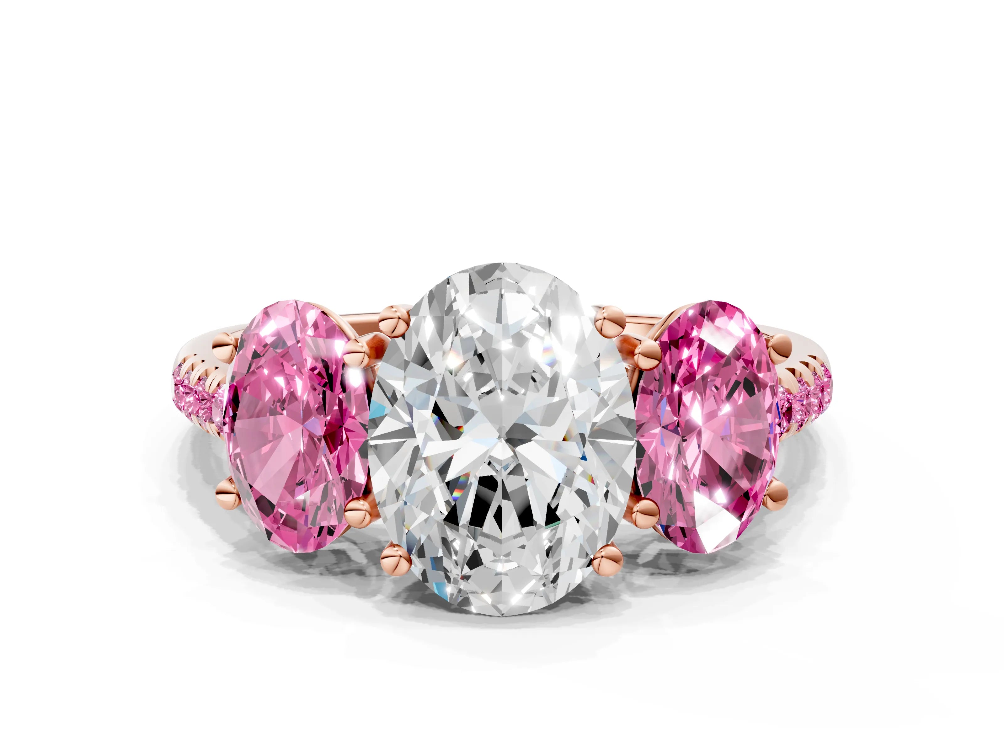 Rose gold Three-Stone Oval Cut Diamond Ring with Round with Pink Sapphire side stone Pavé Band and Prong Setting