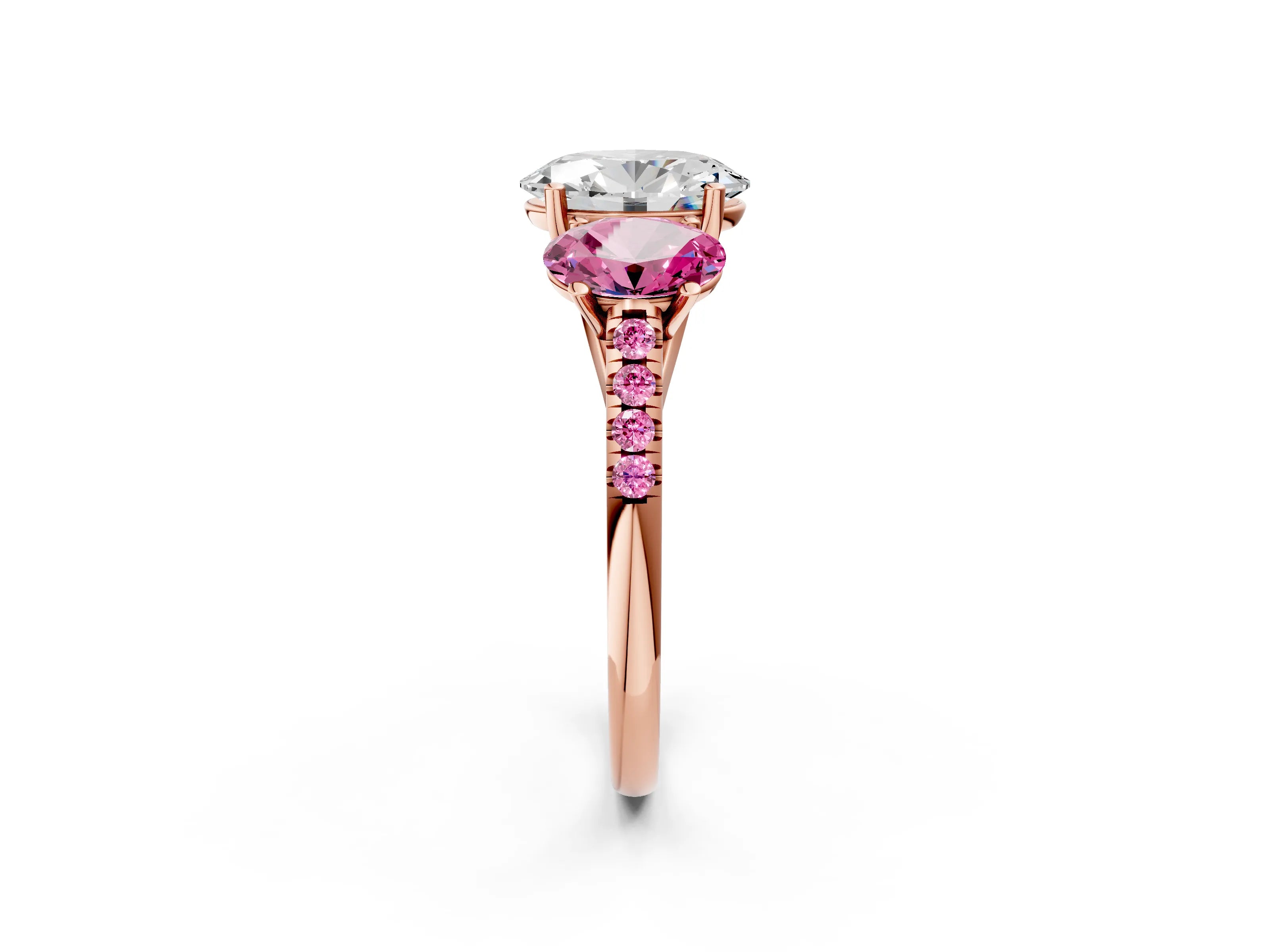 Rose gold Three-Stone Oval Cut Diamond Ring with Round with Pink Sapphire side stone Pavé Band and Prong Setting_2