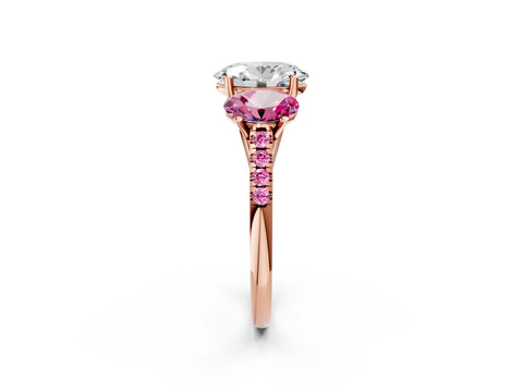 Rose gold Three-Stone Oval Cut Diamond Ring with Round with Pink Sapphire side stone Pavé Band and Prong Setting_2