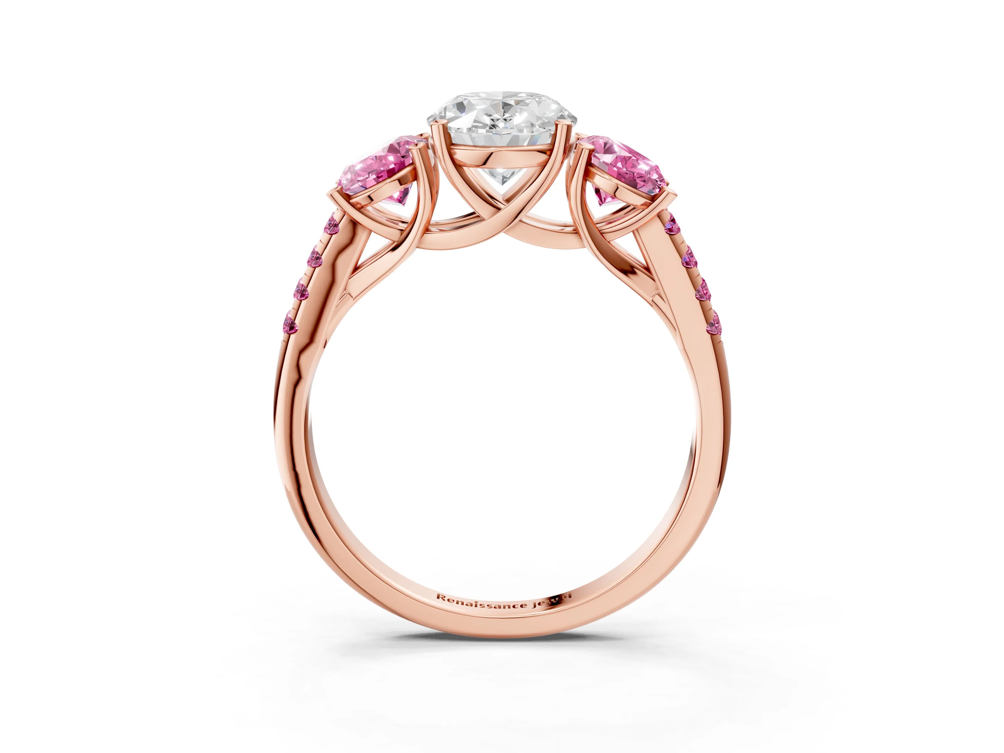 Rose gold Three-Stone Oval Cut Diamond Ring with Round with Pink Sapphire side stone Pavé Band and Prong Setting_3
