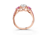 Rose gold Three-Stone Oval Cut Diamond Ring with Round with Pink Sapphire side stone Pavé Band and Prong Setting_3