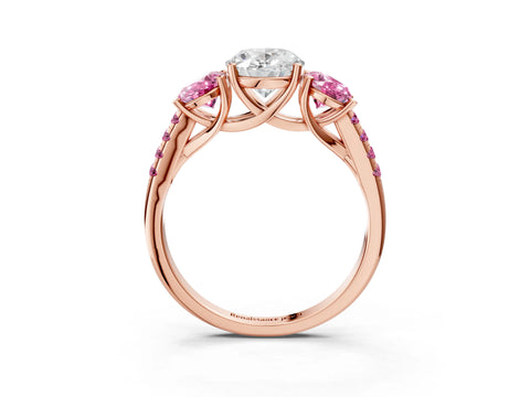 Rose gold Three-Stone Oval Cut Diamond Ring with Round with Pink Sapphire side stone Pavé Band and Prong Setting_3