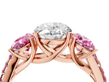 Rose gold Three-Stone Oval Cut Diamond Ring with Round with Pink Sapphire side stone Pavé Band and Prong Setting_4