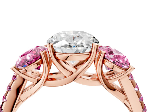 Rose gold Three-Stone Oval Cut Diamond Ring with Round with Pink Sapphire side stone Pavé Band and Prong Setting_4