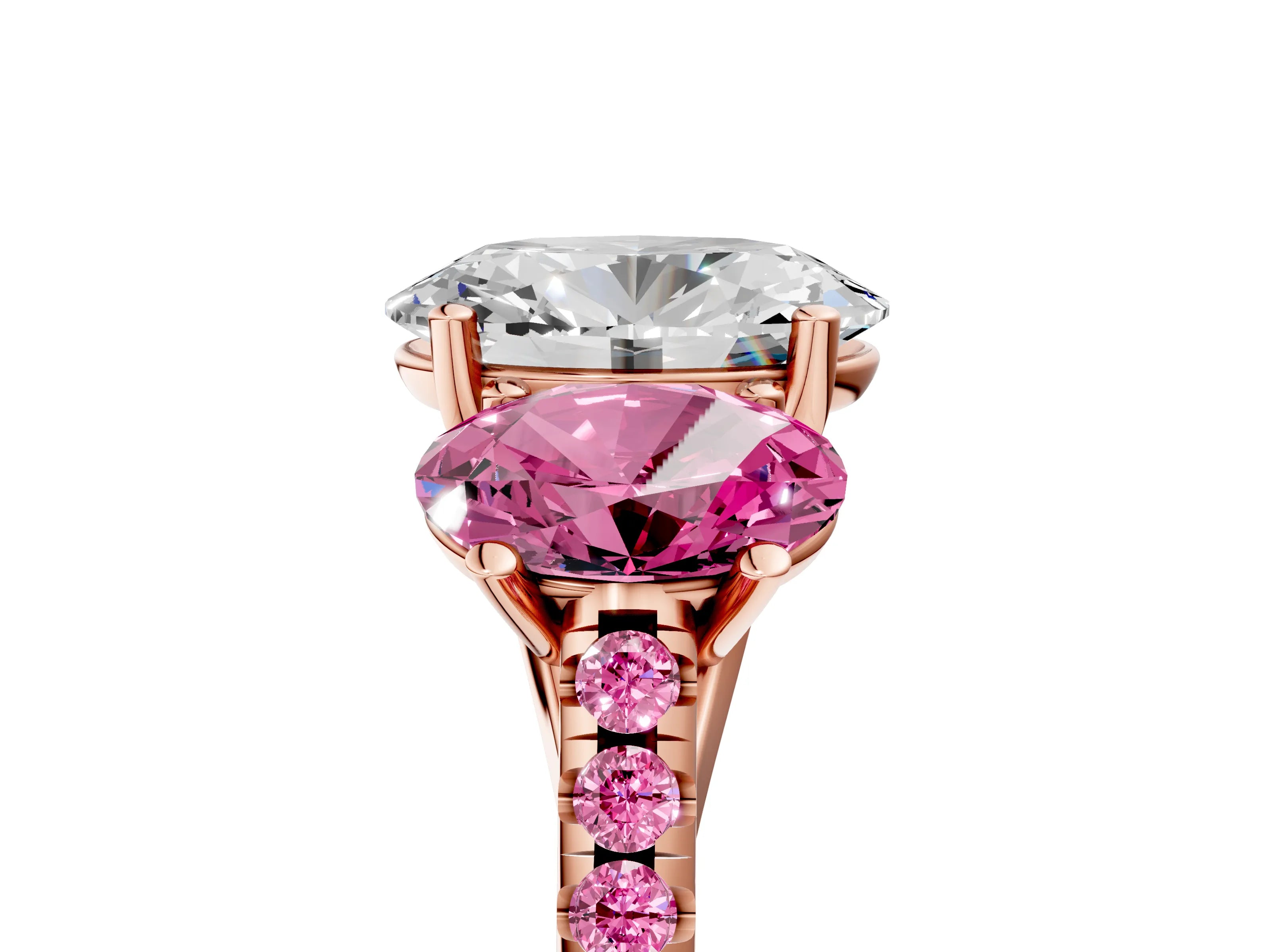 Rose gold Three-Stone Oval Cut Diamond Ring with Round with Pink Sapphire side stone Pavé Band and Prong Setting_5