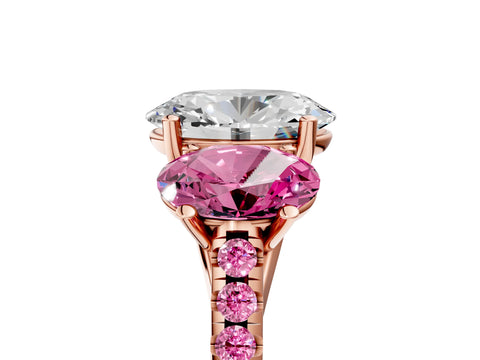 Rose gold Three-Stone Oval Cut Diamond Ring with Round with Pink Sapphire side stone Pavé Band and Prong Setting_5