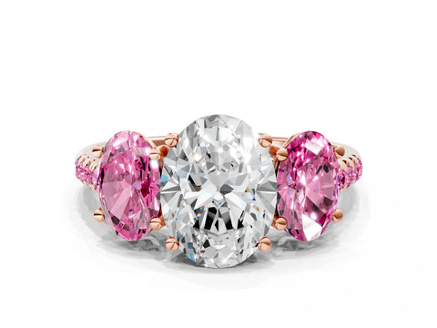 Rose gold Three-Stone Oval Cut Diamond Ring with Round with Pink Sapphire side stone Pavé Band and Prong Setting