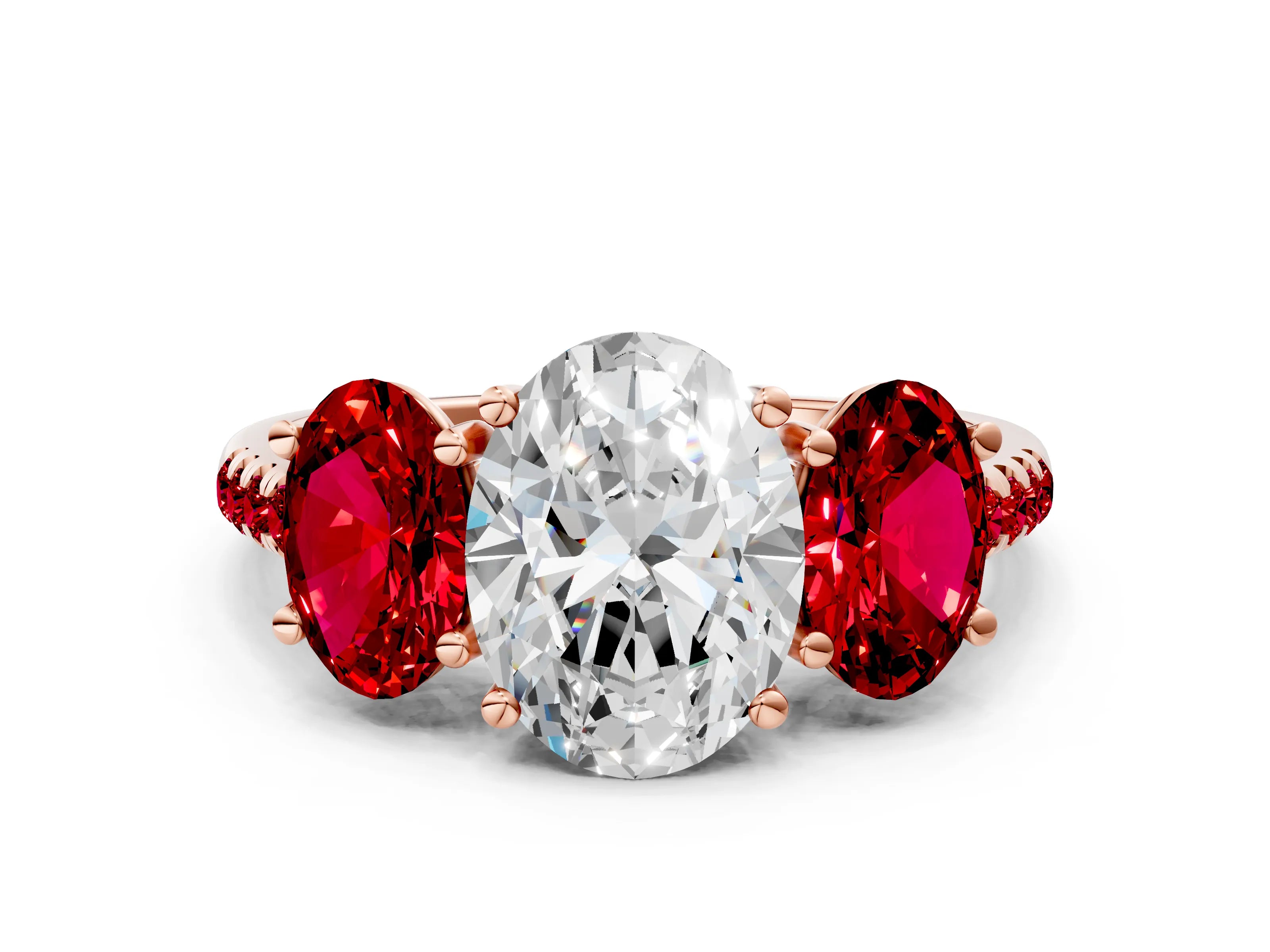 Rose gold Three-Stone Oval Cut Diamond Ring with Round with Ruby side stone Pavé Band and Prong Setting