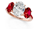 Rose gold Three-Stone Oval Cut Diamond Ring with Round with Ruby side stone Pavé Band and Prong Setting_1