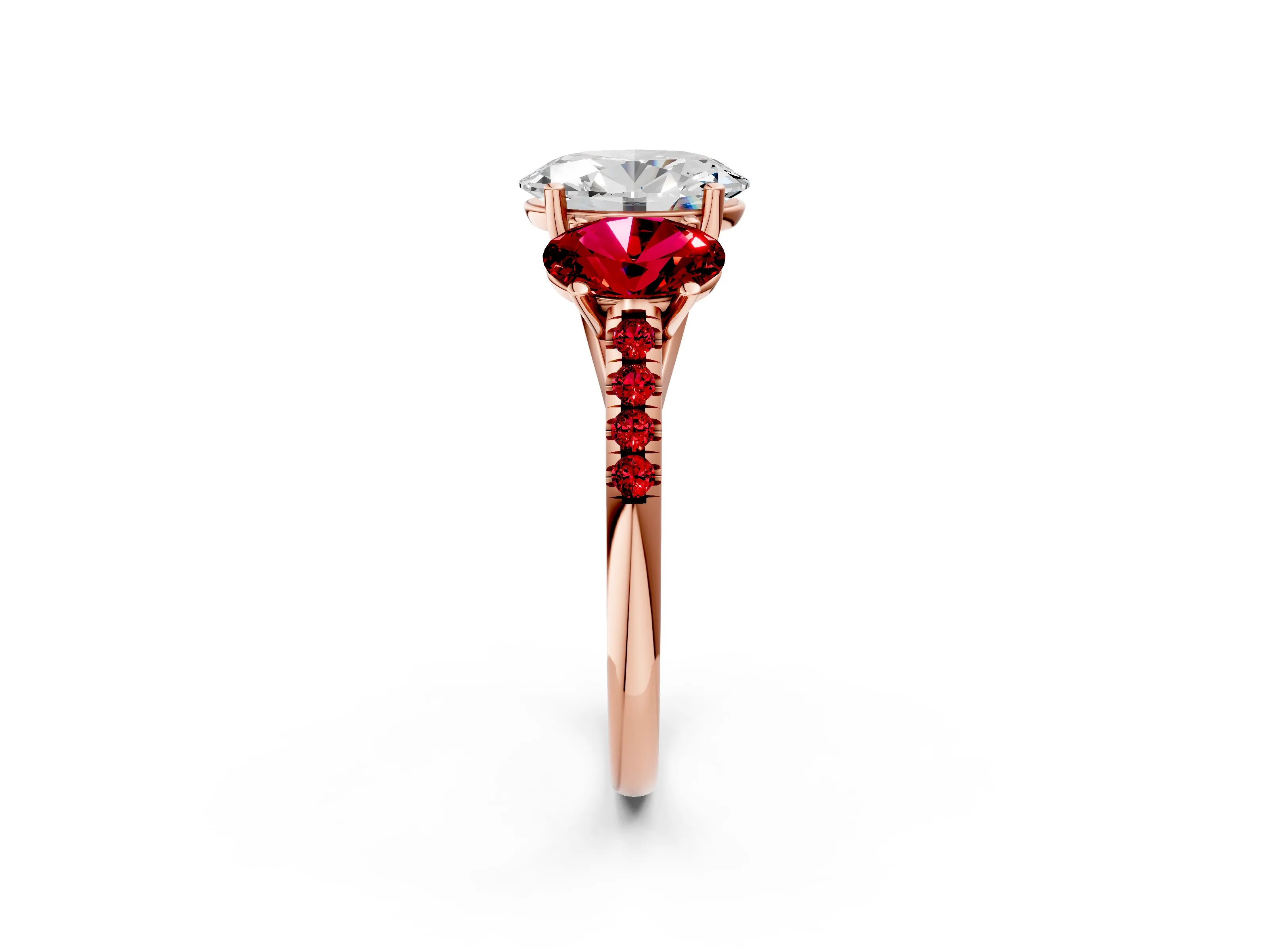 Rose gold Three-Stone Oval Cut Diamond Ring with Round with Ruby side stone Pavé Band and Prong Setting_2