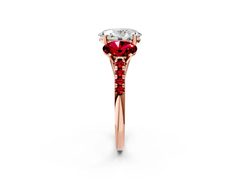 Rose gold Three-Stone Oval Cut Diamond Ring with Round with Ruby side stone Pavé Band and Prong Setting_2