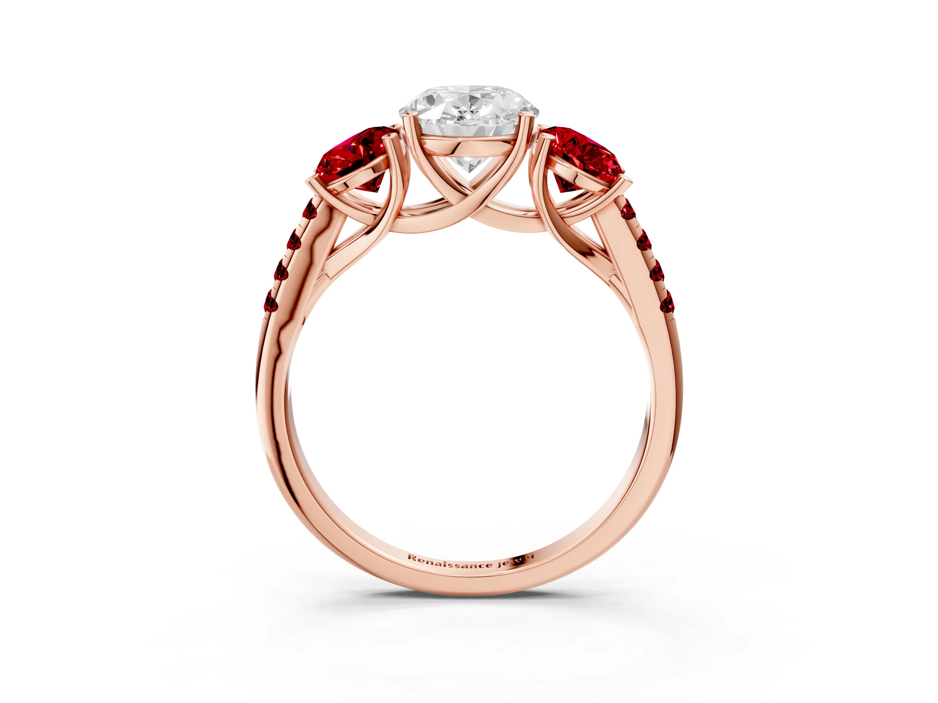 Rose gold Three-Stone Oval Cut Diamond Ring with Round with Ruby side stone Pavé Band and Prong Setting_3