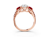 Rose gold Three-Stone Oval Cut Diamond Ring with Round with Ruby side stone Pavé Band and Prong Setting_3