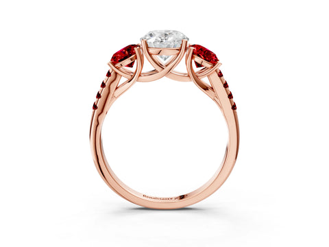 Rose gold Three-Stone Oval Cut Diamond Ring with Round with Ruby side stone Pavé Band and Prong Setting_3