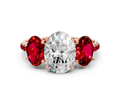 Rose gold Three-Stone Oval Cut Diamond Ring with Round with Ruby side stone Pavé Band and Prong Setting