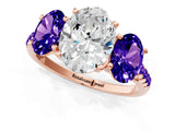 Rose gold Three-Stone Oval Cut Diamond Ring with Round with Tanzanite side stone Pavé Band and Prong Setting_1