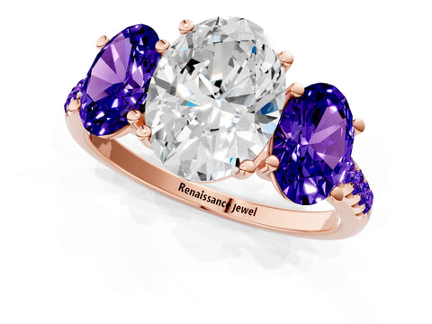 Rose gold Three-Stone Oval Cut Diamond Ring with Round with Tanzanite side stone Pavé Band and Prong Setting_1