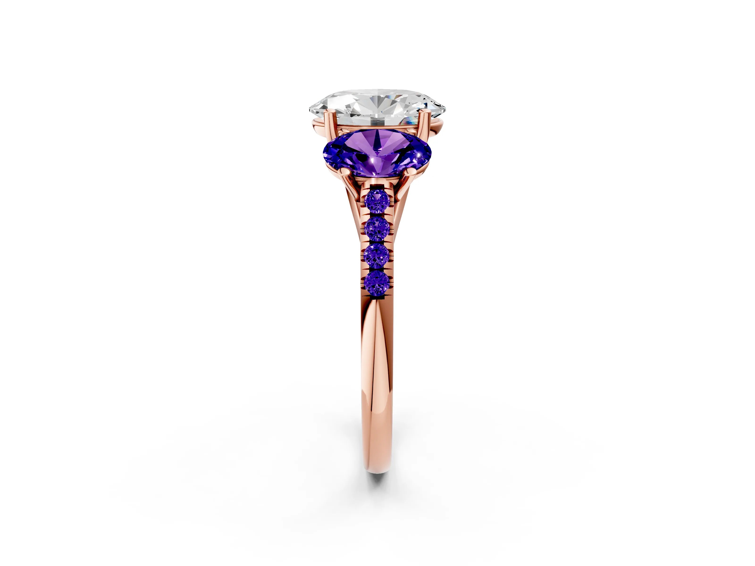 Rose gold Three-Stone Oval Cut Diamond Ring with Round with Tanzanite side stone Pavé Band and Prong Setting_2