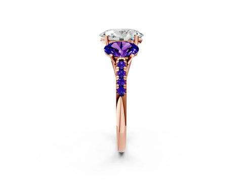 Rose gold Three-Stone Oval Cut Diamond Ring with Round with Tanzanite side stone Pavé Band and Prong Setting_2