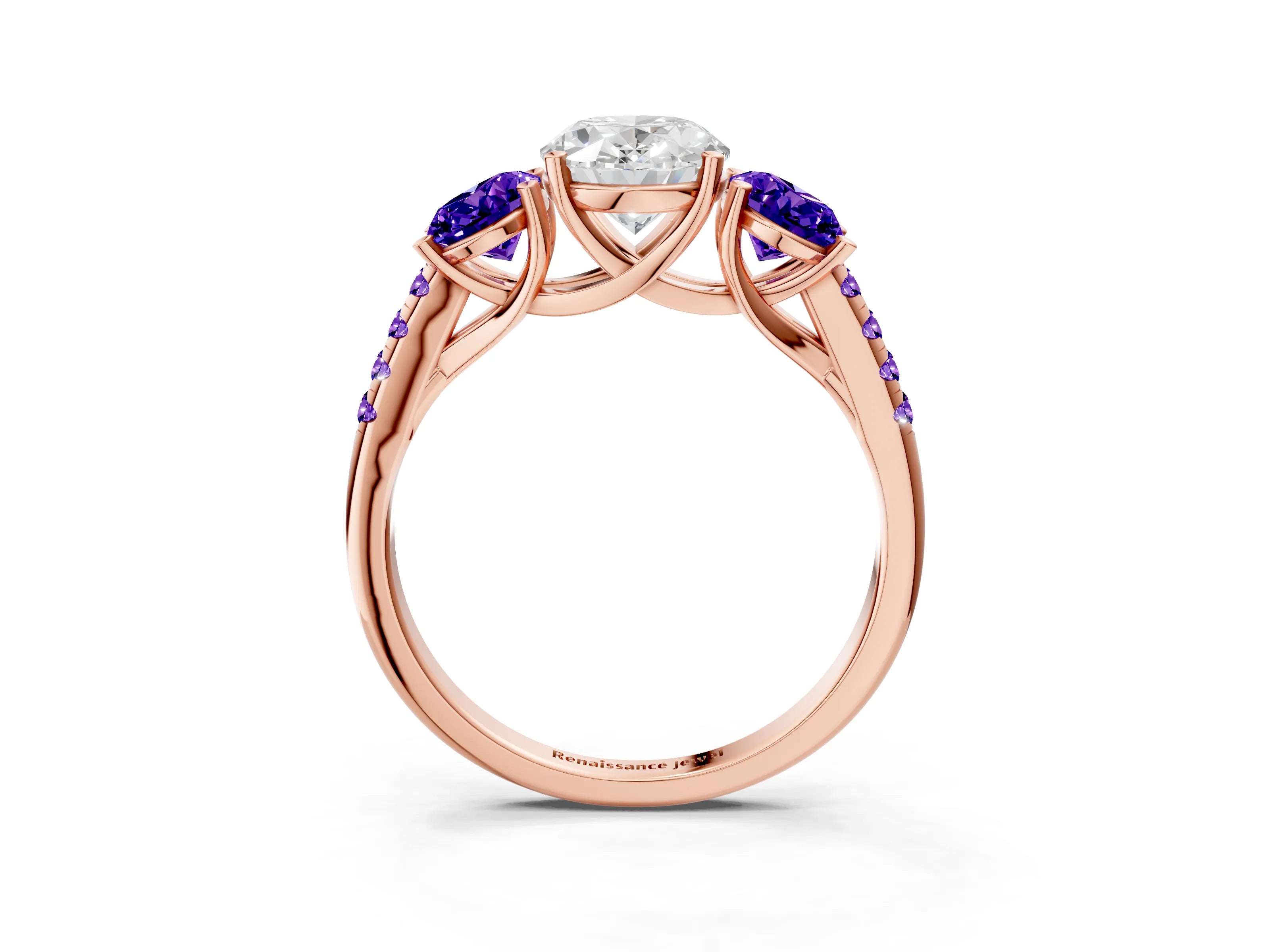 Rose gold Three-Stone Oval Cut Diamond Ring with Round with Tanzanite side stone Pavé Band and Prong Setting_3