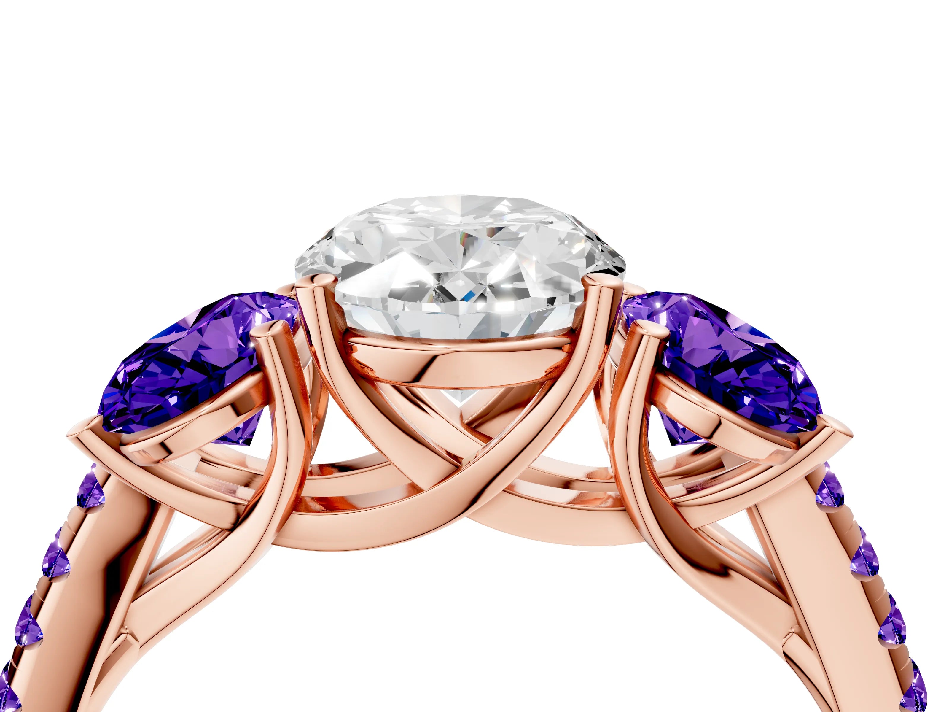 Rose gold Three-Stone Oval Cut Diamond Ring with Round with Tanzanite side stone Pavé Band and Prong Setting_4