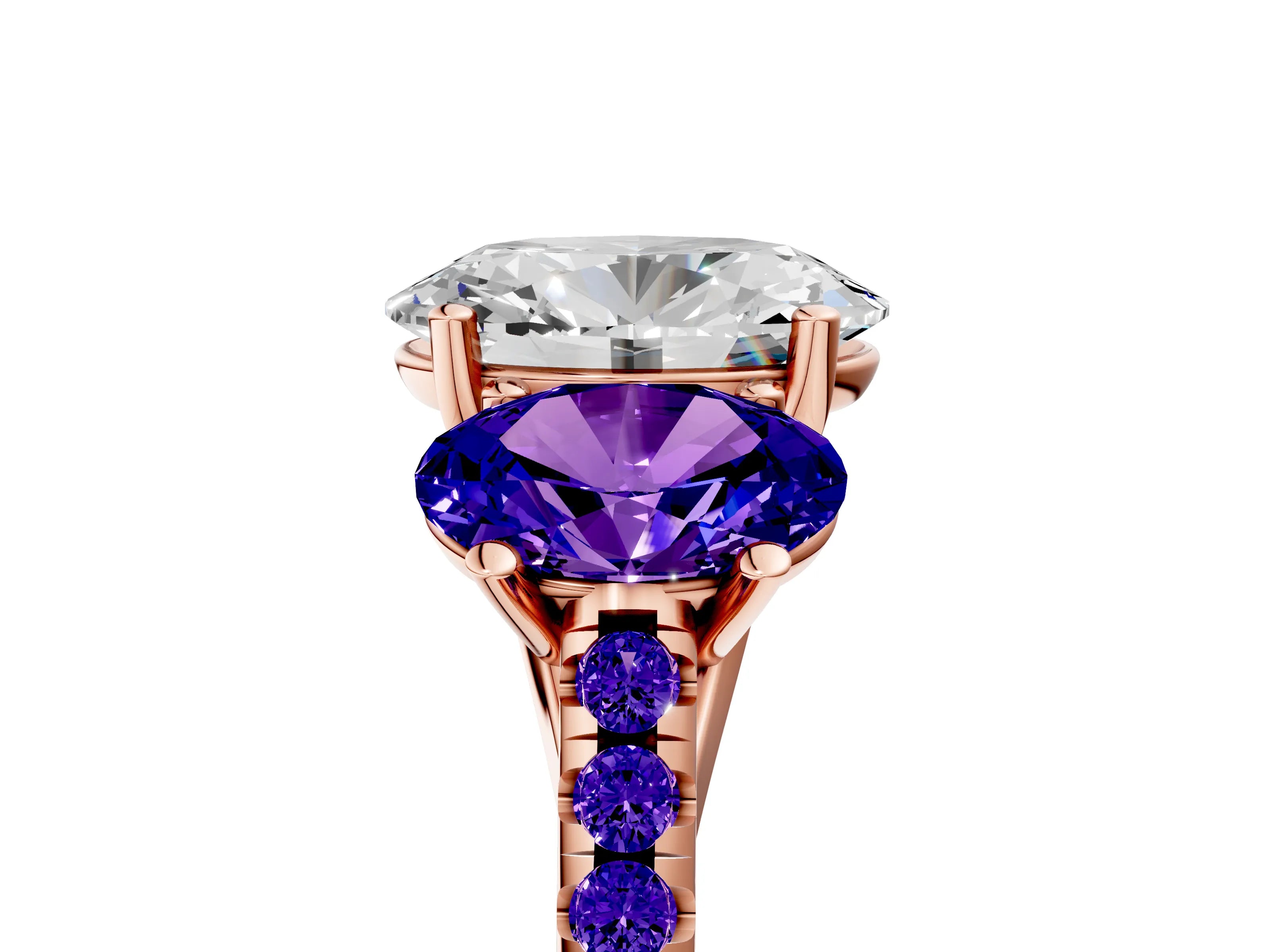 Rose gold Three-Stone Oval Cut Diamond Ring with Round with Tanzanite side stone Pavé Band and Prong Setting_5